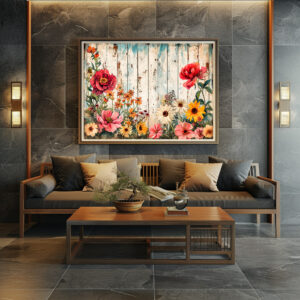 Poster: Pink Poppies and Daisies on Blue Wood