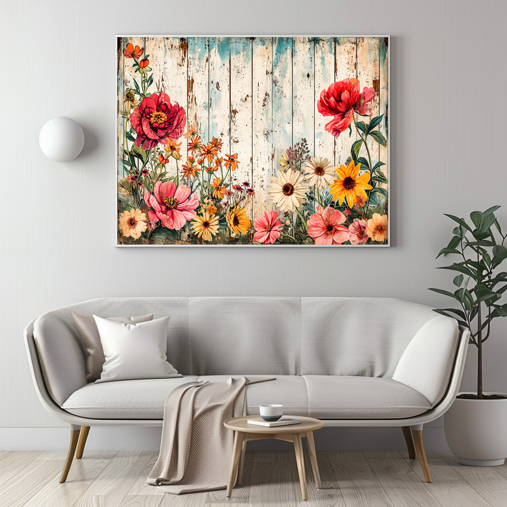 Poster: Pink Poppies and Daisies on Blue Wood - Image 3