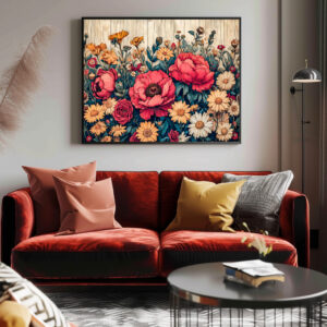 Poster: Dahlia and Rose Garden Mix on Blue Wood