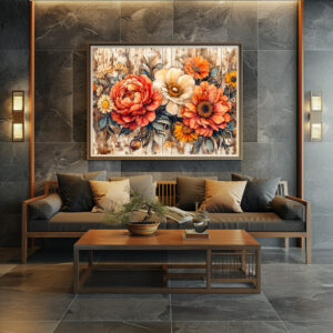 Poster: Peonies and Marigolds on Dark Rustic Wood