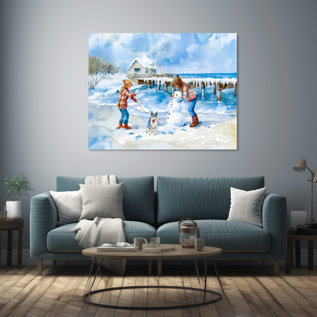 Poster: Boy girl and dog playing on winter beach watercolor - Imagen 2