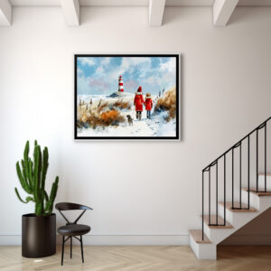 Poster: Winter Beach Walk with Dog to Lighthouse