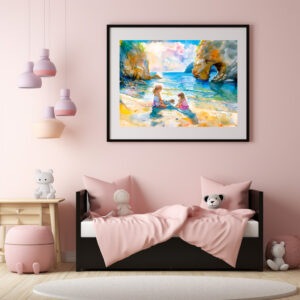 Poster: Girls playing by seaside rock arch watercolor