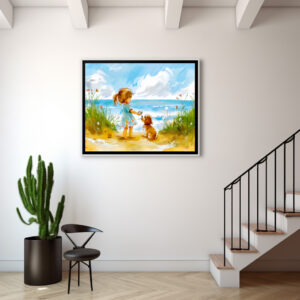 Poster: Girl with dog playing at beach watercolor