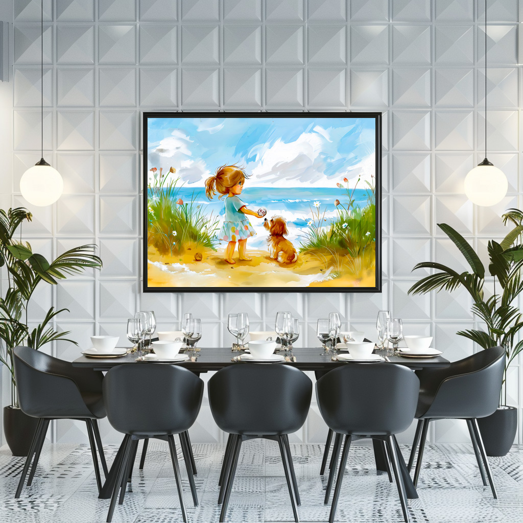 Poster: Girl with dog playing at beach watercolor – Bild 2