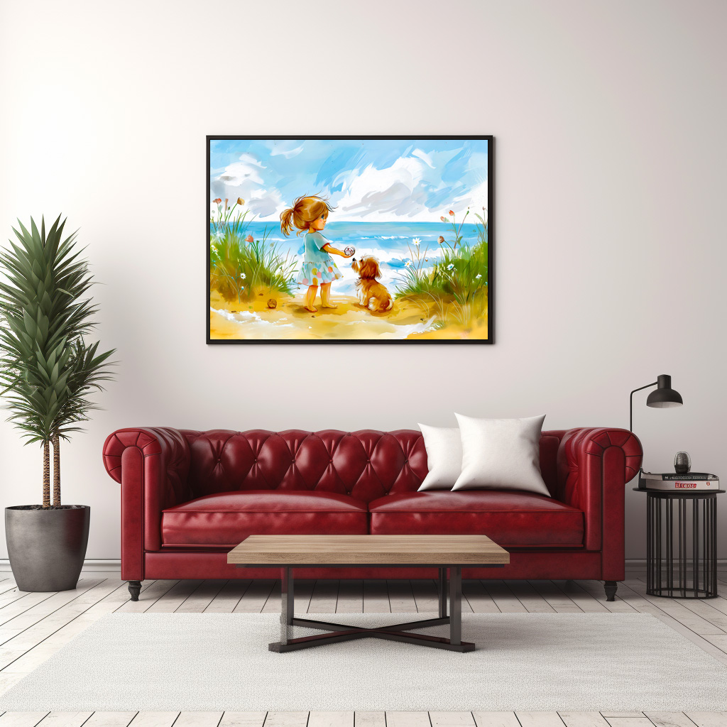 Poster: Girl with dog playing at beach watercolor – Bild 3
