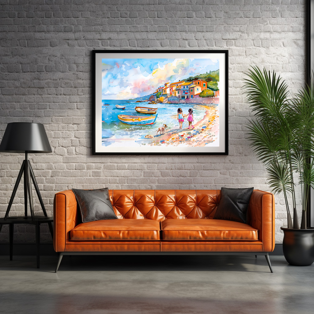 Poster: Children with dog at Mediterranean beach watercolor