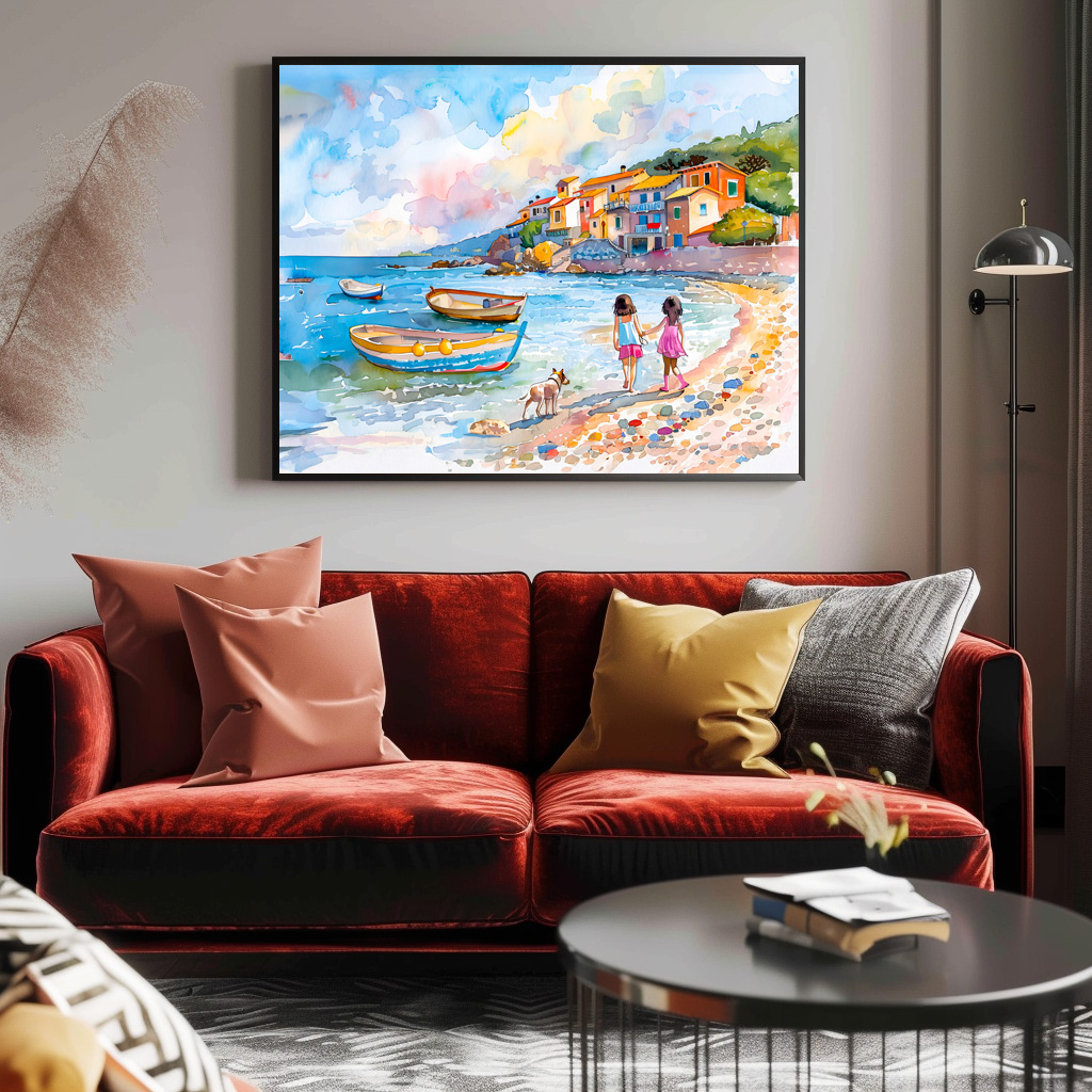 Poster: Children with dog at Mediterranean beach watercolor - Imagen 3