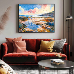 Poster: Girls and Dog by Lighthouse Shore watercolor painting