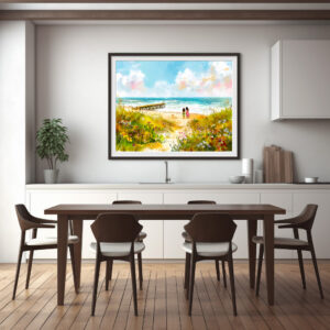 Poster: Wildflower meadow near beach with children watercolor
