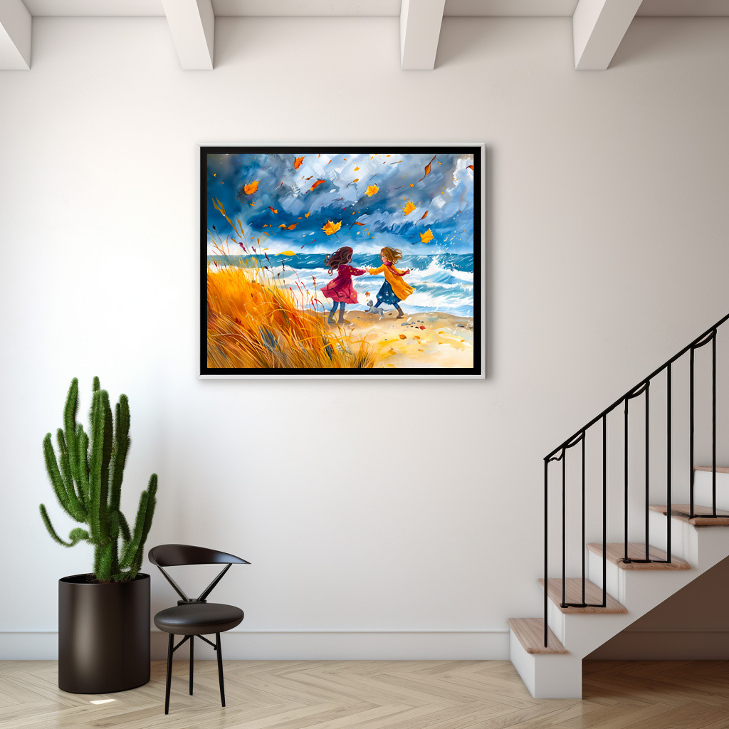 Poster: Autumn Stormy Beach Fun with Dog watercolor painting - Imagen 2