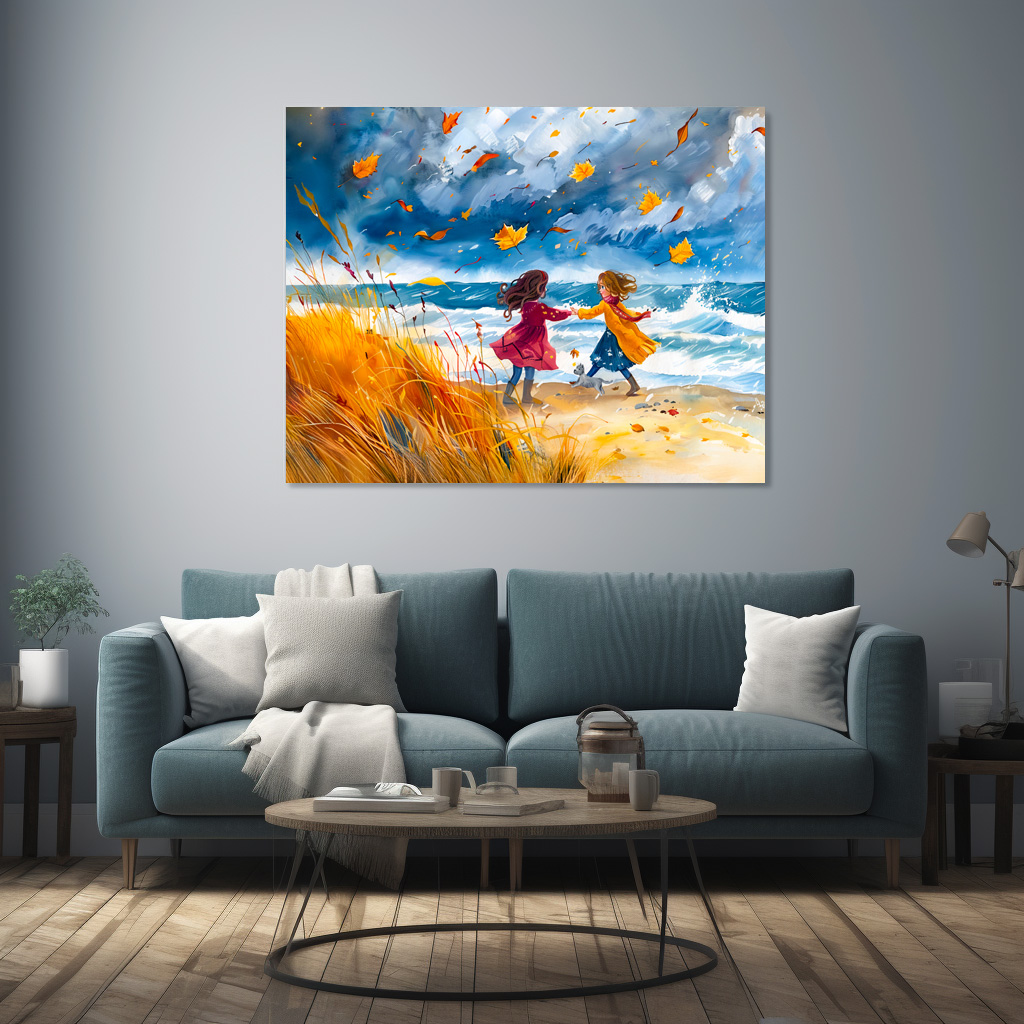Poster: Autumn Stormy Beach Fun with Dog watercolor painting - Imagen 3