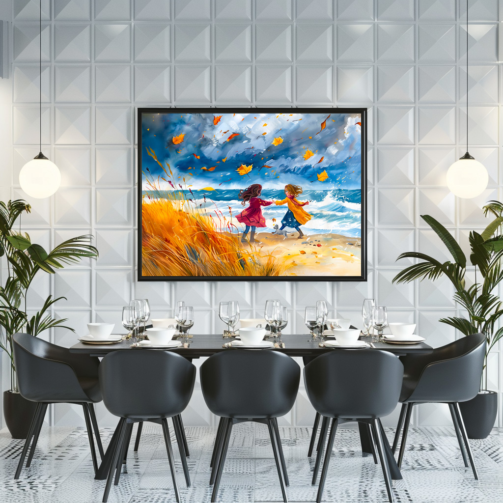 Poster: Autumn Stormy Beach Fun with Dog watercolor painting