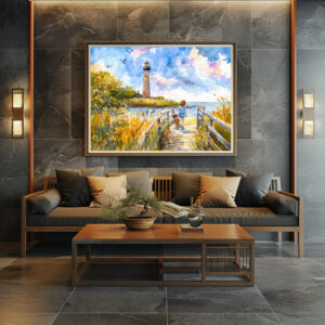 Poster: Lighthouse trail with child and dog watercolor