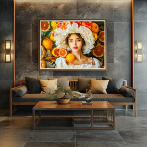 Poster: Woman with grape fruits and white summer hat portrait