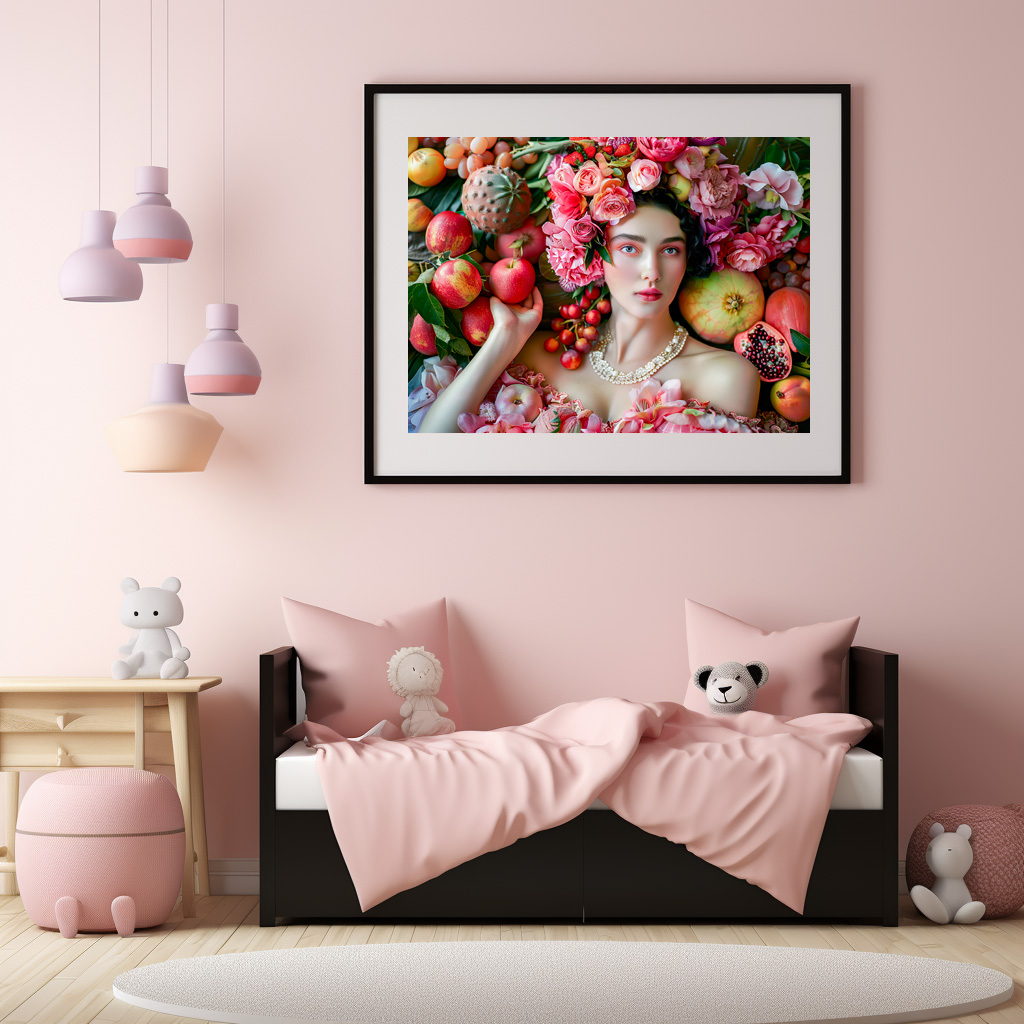 Poster: Woman in floral dress with fruit display