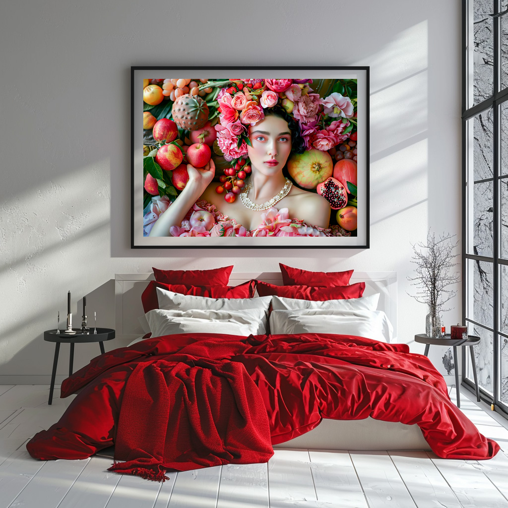 Poster: Woman in floral dress with fruit display - Imagen 3