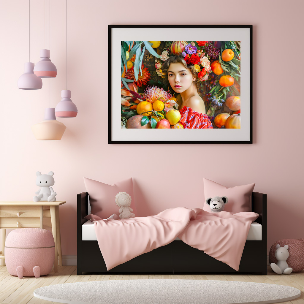 Poster: Woman with mixed fruits and floral decor