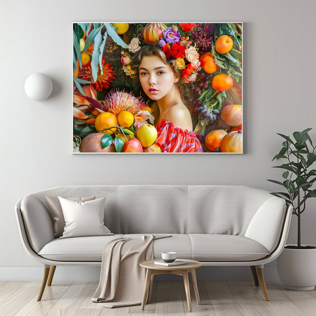 Poster: Woman with mixed fruits and floral decor – Image 2