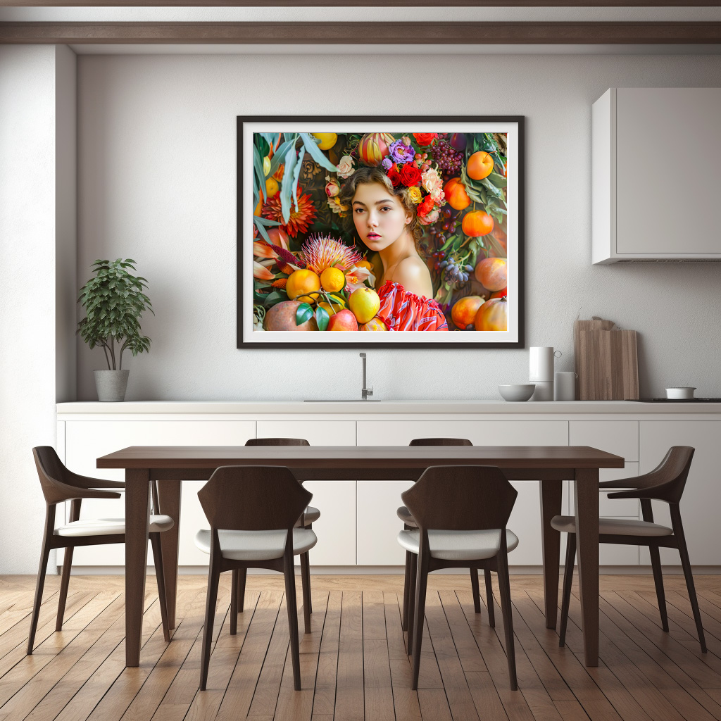 Poster: Woman with mixed fruits and floral decor – Image 3