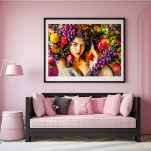 Poster: Elegant woman with pomegranate grapes and floral crown