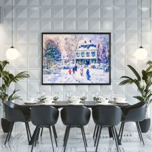 Poster: People and children in snowy garden winter scene