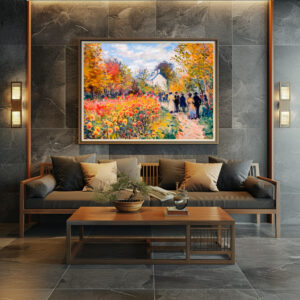 Poster: Group walking in autumn garden with flowers