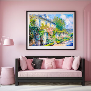 Poster: Impressionist roses on summer house wall