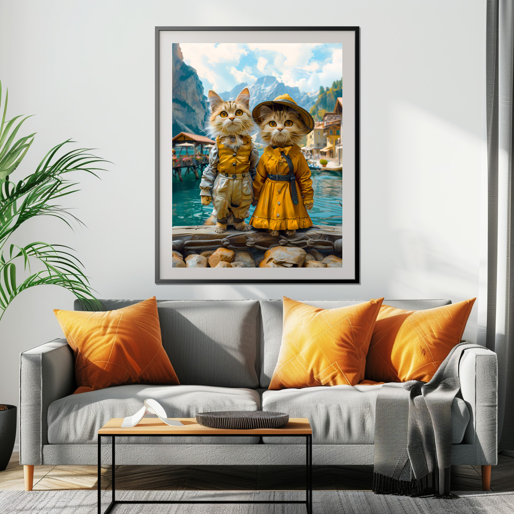 Poster: Cats by a Swiss Lakeside Village