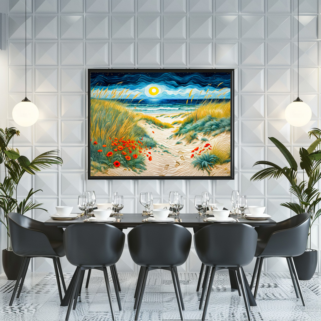 Poster: Coastal Sand Dunes with Poppies and Footprints