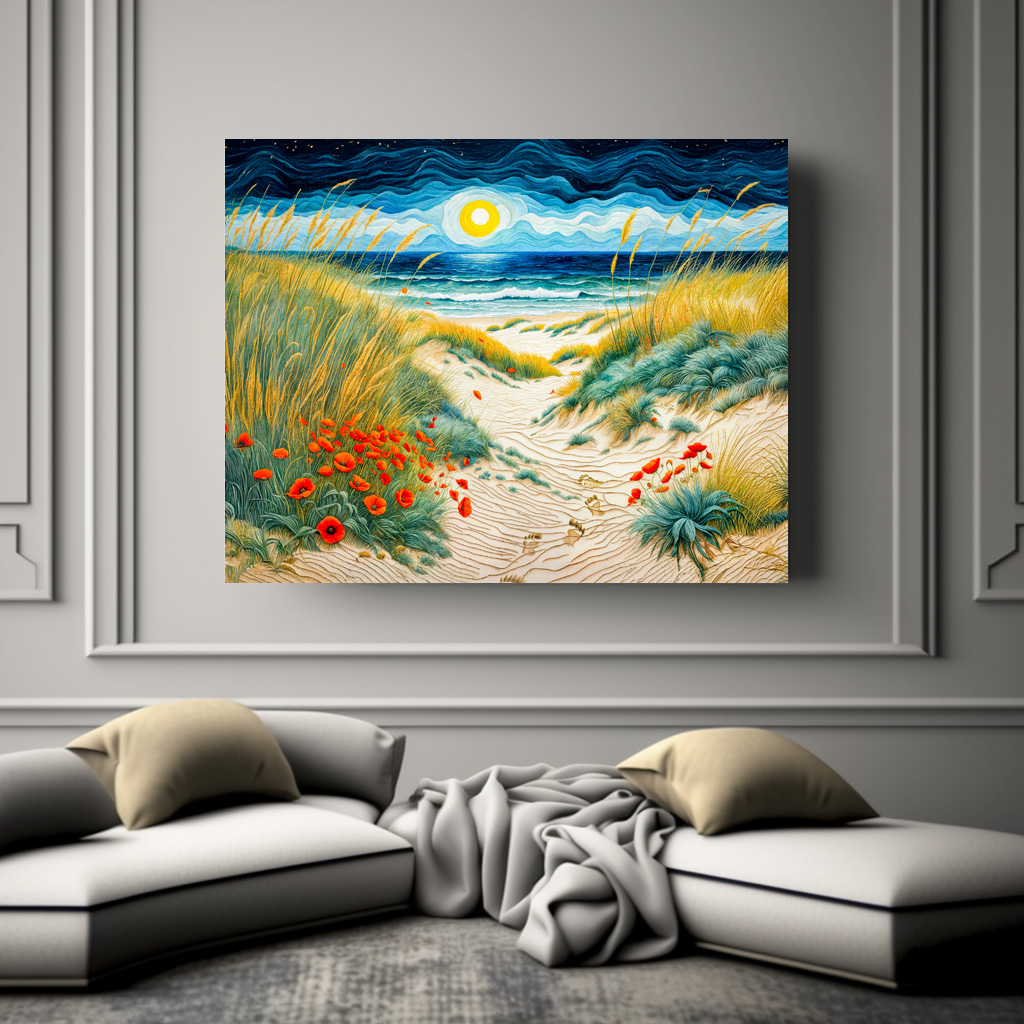 Poster: Coastal Sand Dunes with Poppies and Footprints - Image 2