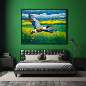 Poster: Wild Goose Flying Over Blooming Meadow