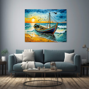 Poster: Boat on Calm Waters at Sunset