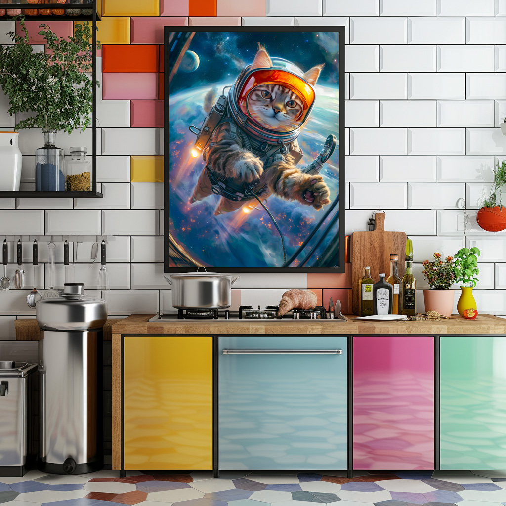 Poster: Cosmic Cat Adventurer Drifting Weightlessly Among Distant Planets