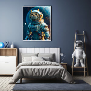 Poster: Tabby cat in astronaut suit near Earth