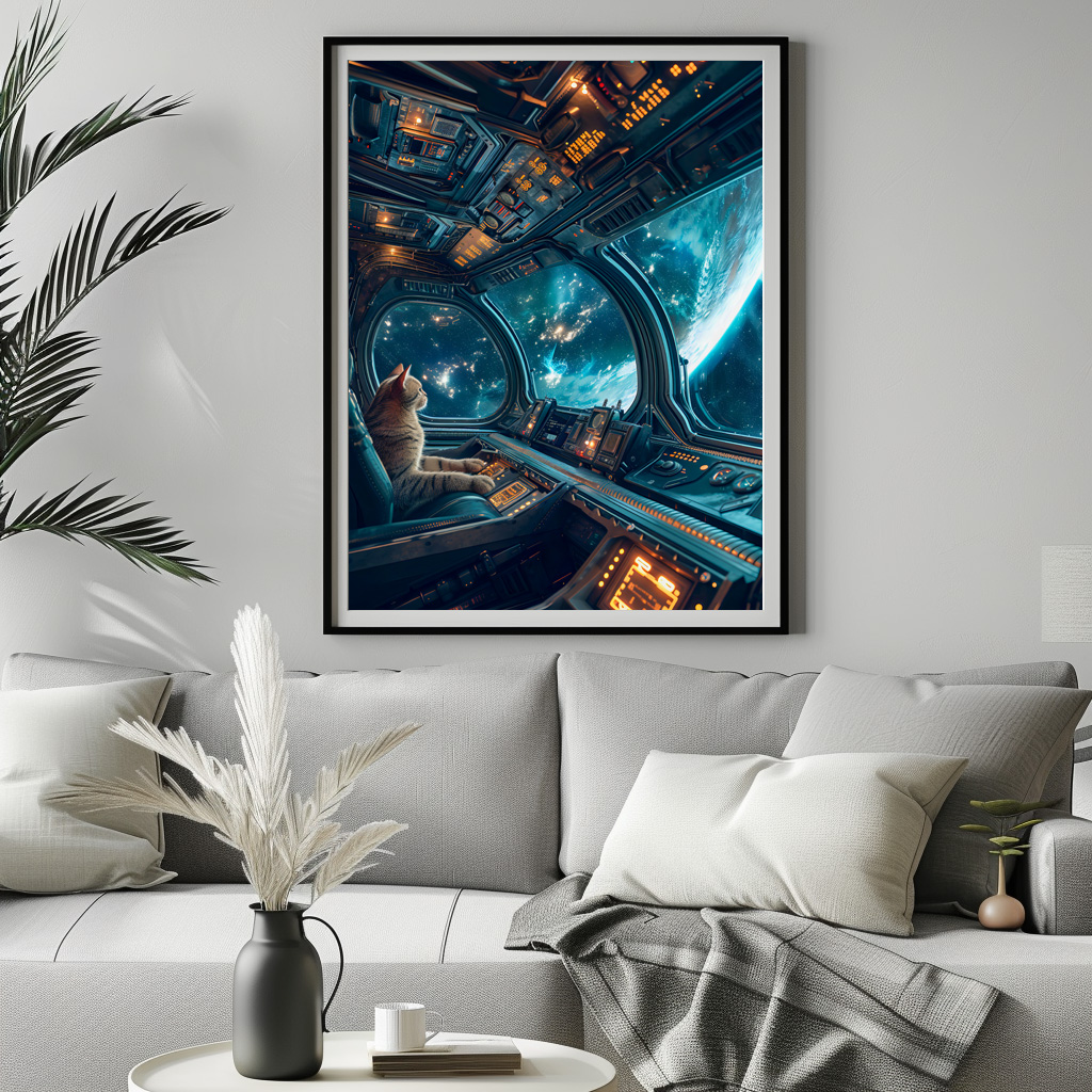 Poster: Curious Space Cat Exploring the Infinite Universe Beyond Stars