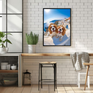 Poster: King Charles Cocker Spaniel Takes Selfies in Santorini Greece