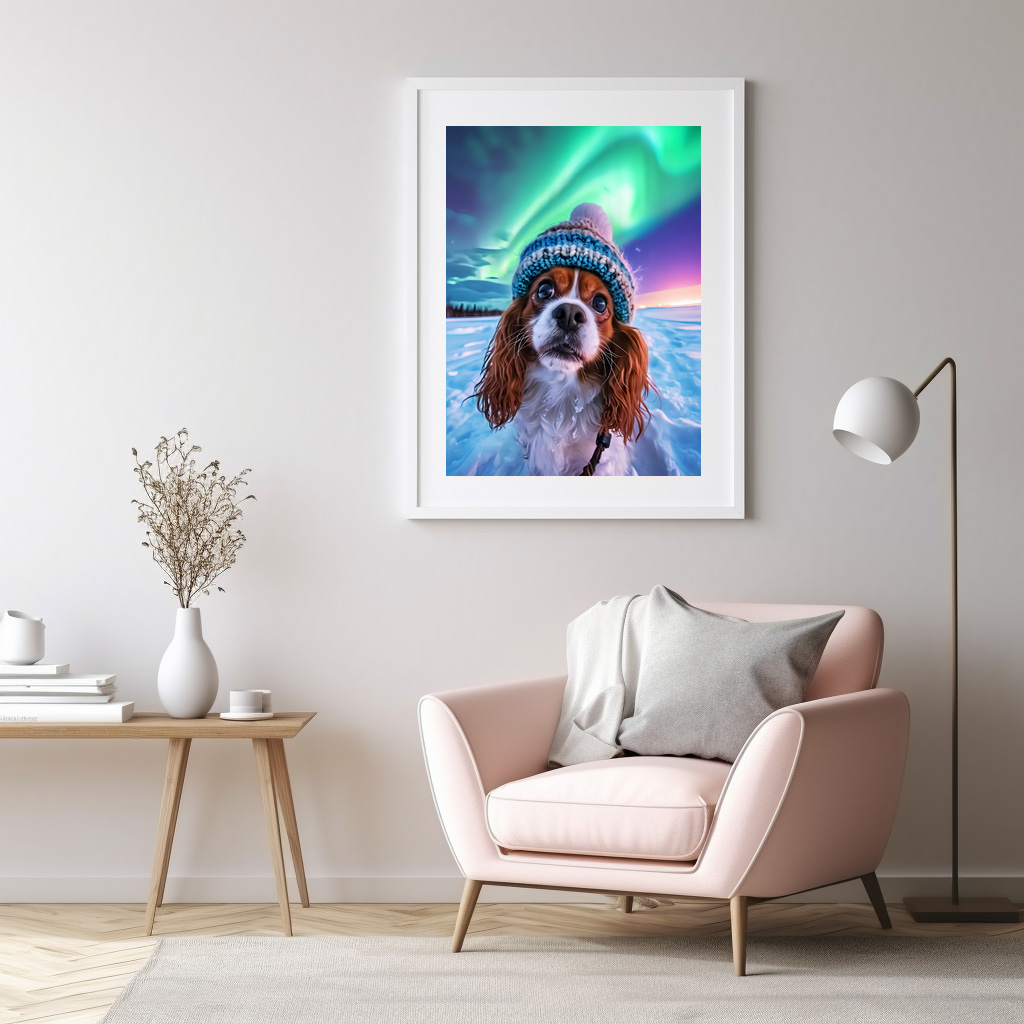 Poster: King Charles Cocker Spaniel Takes Selfies with northern lights