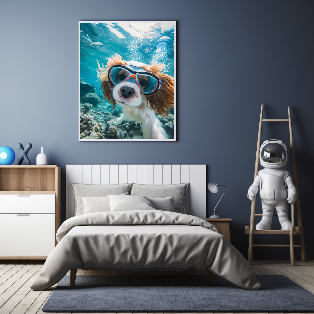 Poster: King Charles Cocker Spaniel Takes Selfies driving on a coral riff