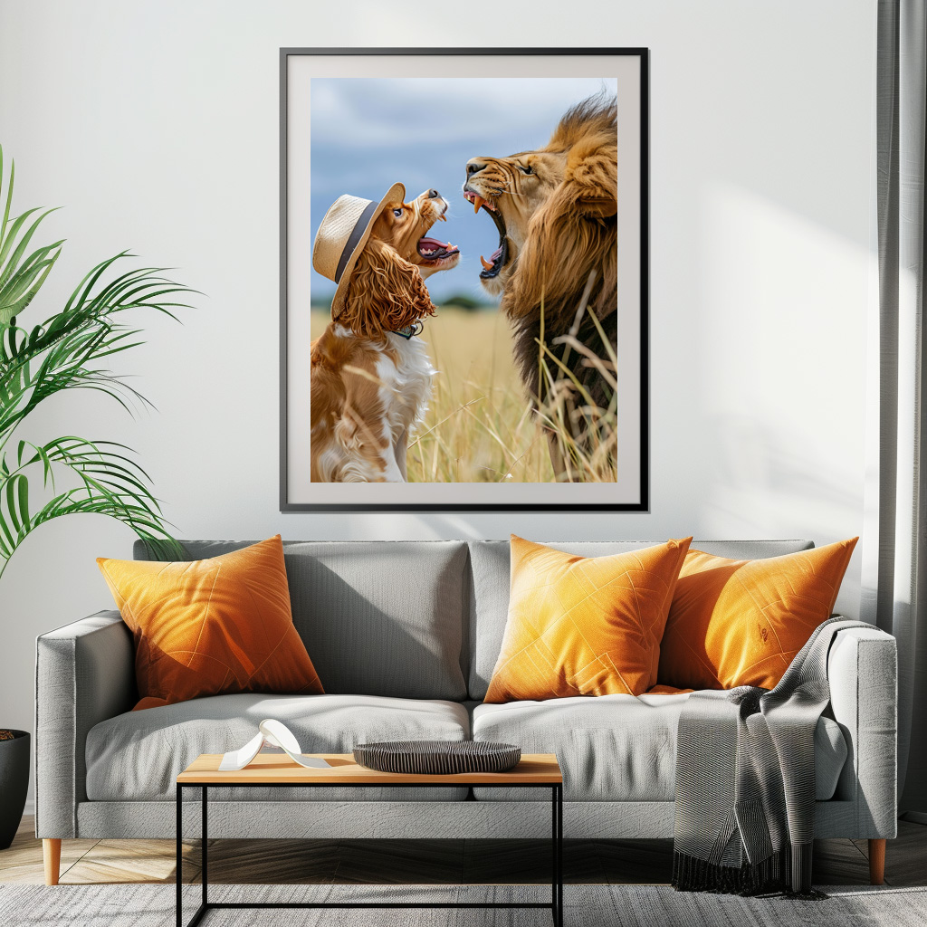 Poster: King Charles Cocker Spaniel Takes Selfies in africa with a Lion