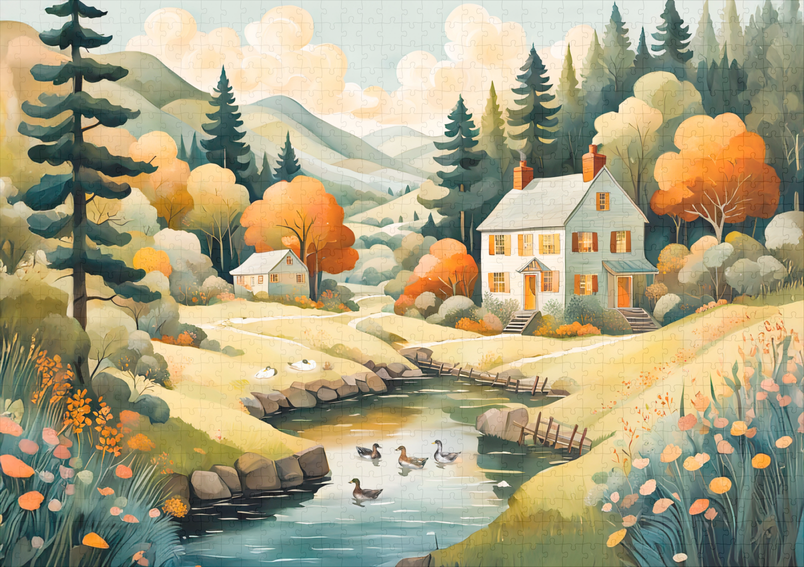 raxxa Premium-Puzzle: Autumn House by the Pond with Ducks - Image 2