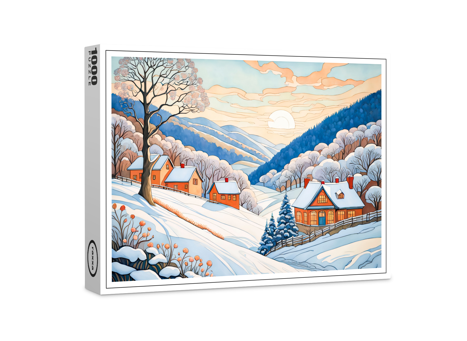 raxxa Premium-Puzzle: Winter Mountain Village in Morning Sun