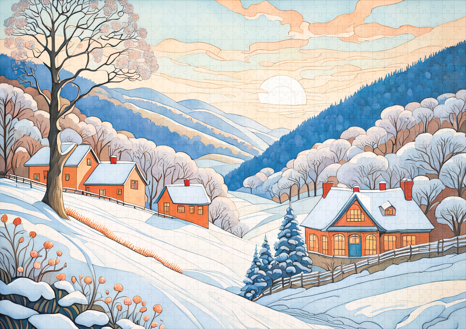 raxxa Premium-Puzzle: Winter Mountain Village in Morning Sun - Image 2