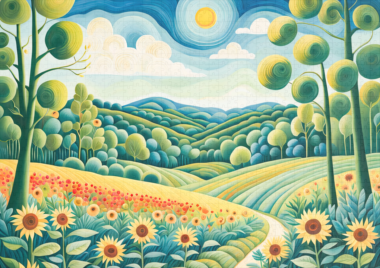 raxxa Premium-Puzzle: Pastel Landscape with Sunflower Fields and Path - Imagen 2