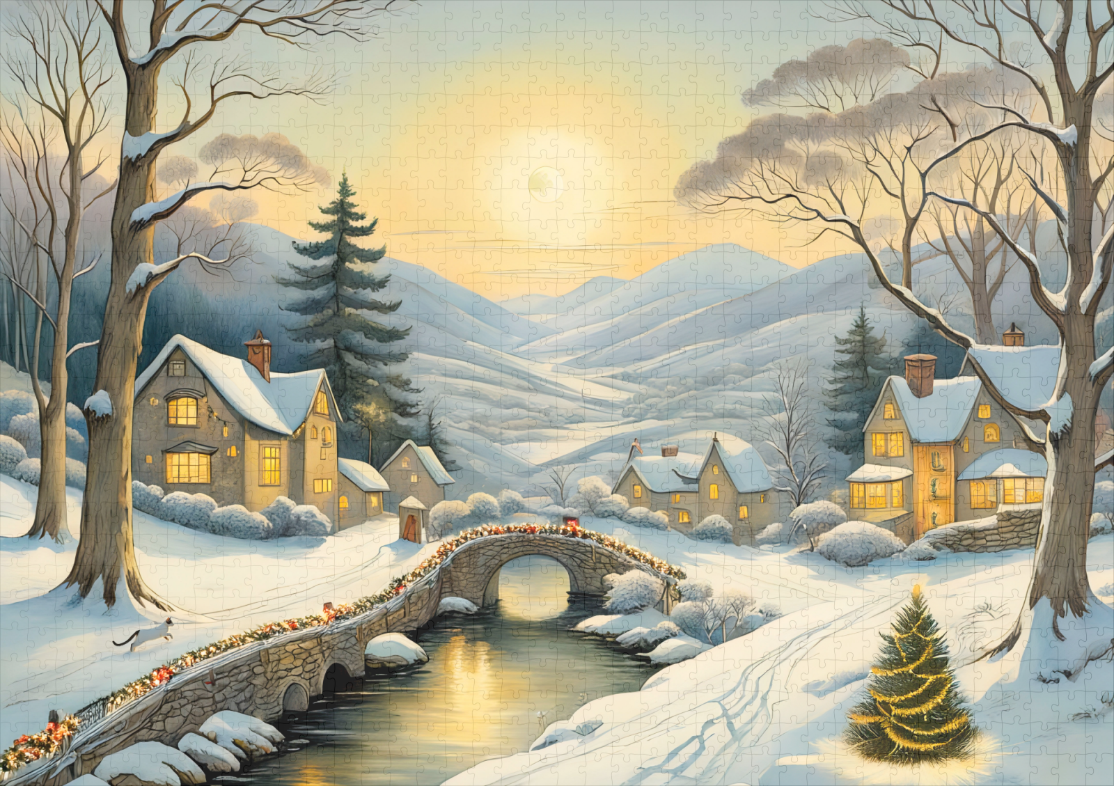 raxxa Premium-Puzzle: Idyllic Christmas Village with River and Bridge – Bild 2