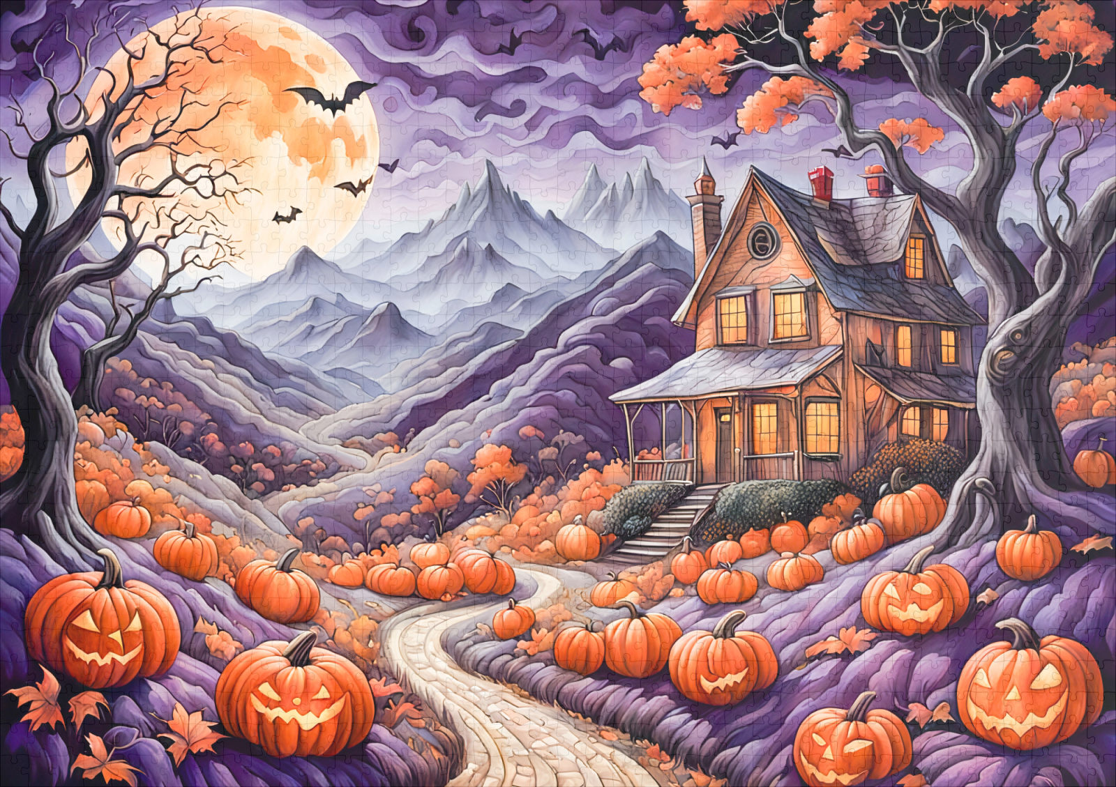 raxxa Premium-Puzzle: Spooky Halloween Villa with Pumpkins and Bats - Imagen 2