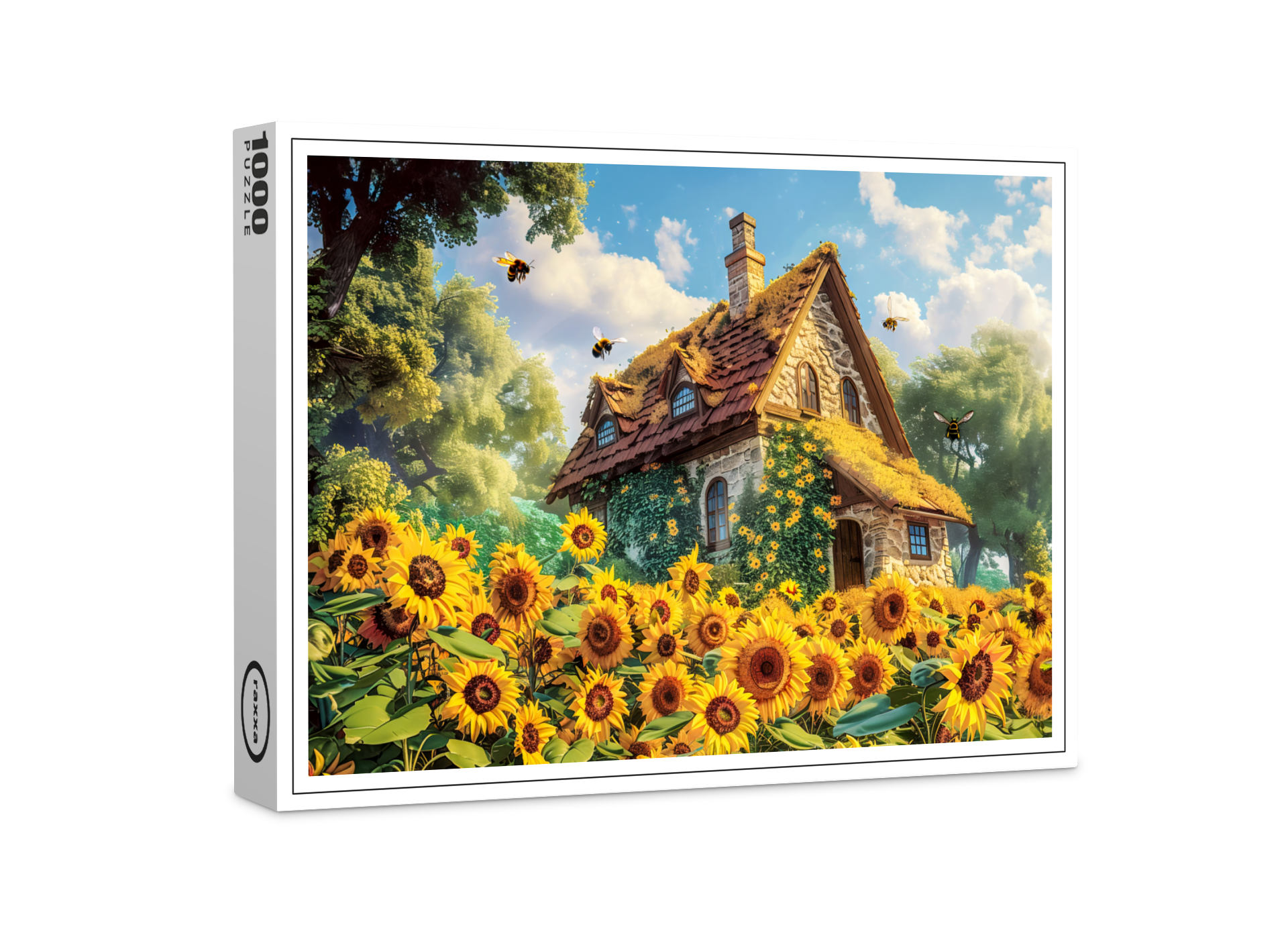 raxxa Premium-Puzzle: Sunlit Farmhouse with Blooming Sunflowers