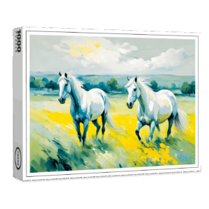 raxxa Premium-Puzzle: Two White Horses Running Through Yellow Flowers