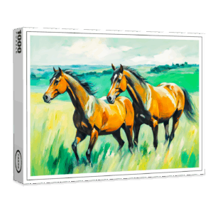raxxa Premium-Puzzle: Two Brown Horses Running Across Green Meadow