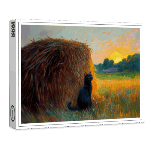 raxxa Premium-Puzzle: Impressionistic Oil Painting of Cat by Haystack at Sunset